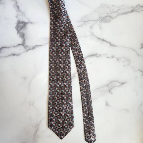 Burma Bibas 100% silk retro 90s tie geometric cube cell square black grey red si - Picture 2 of 5